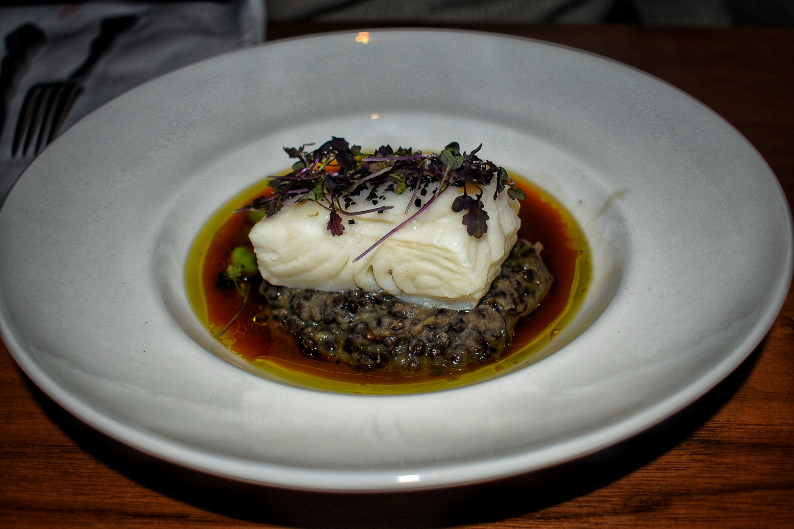 Halibut with Lentil and Leek Dashi